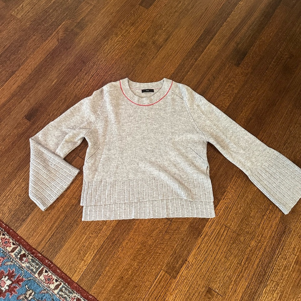 Heathered Gray Women's Sweater with red trim at collar and flare sleeves  FATE